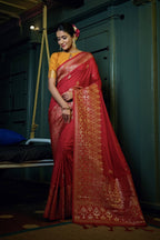 Vardha Crimson Red Golden Zari Banarasi Silk Saree | Grocsy