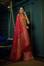Vardha Crimson Red Golden Zari Banarasi Silk Saree | Grocsy