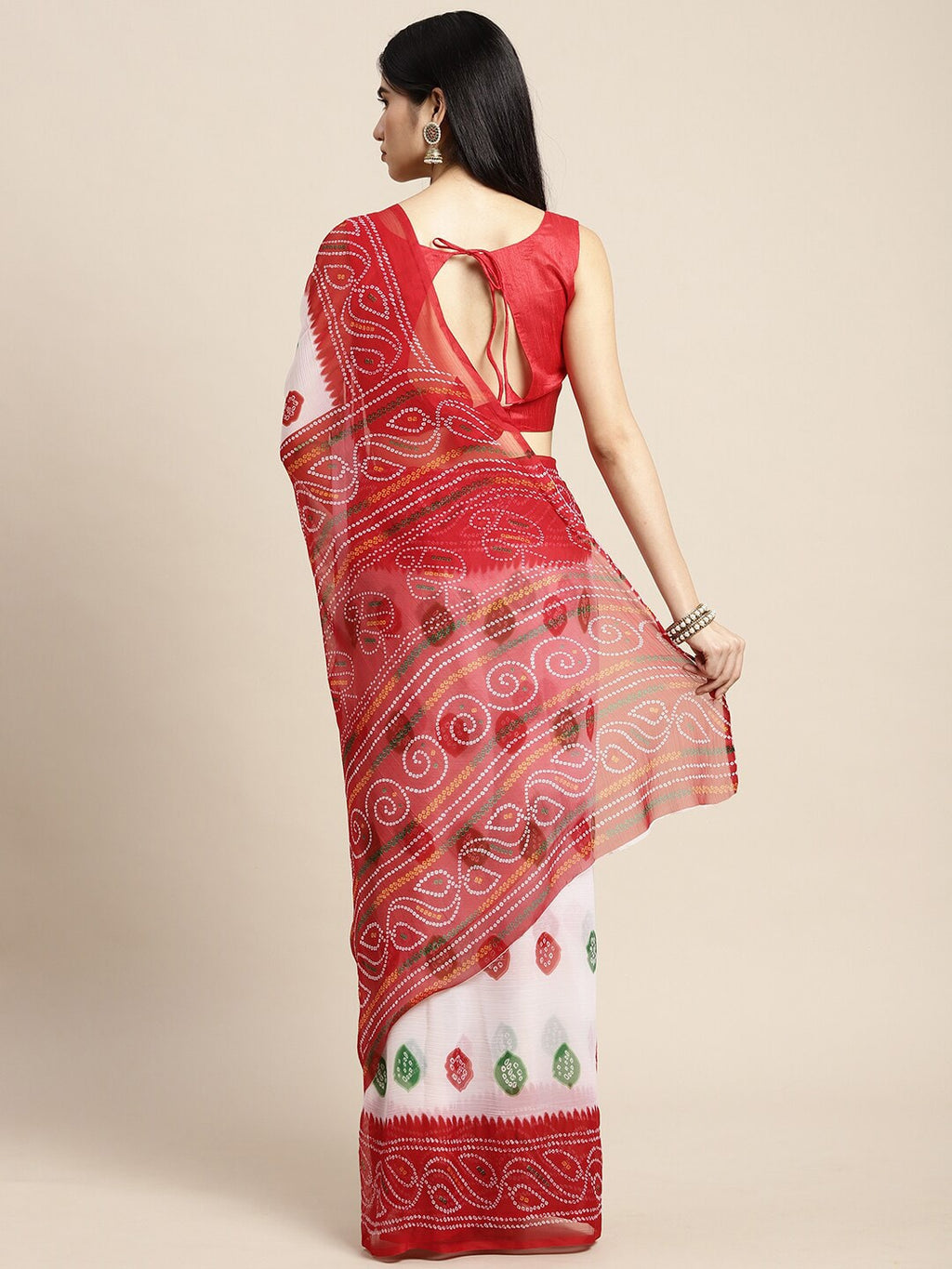 Saree Mall White & Red Printed Bandhani Sarees | Grocsy