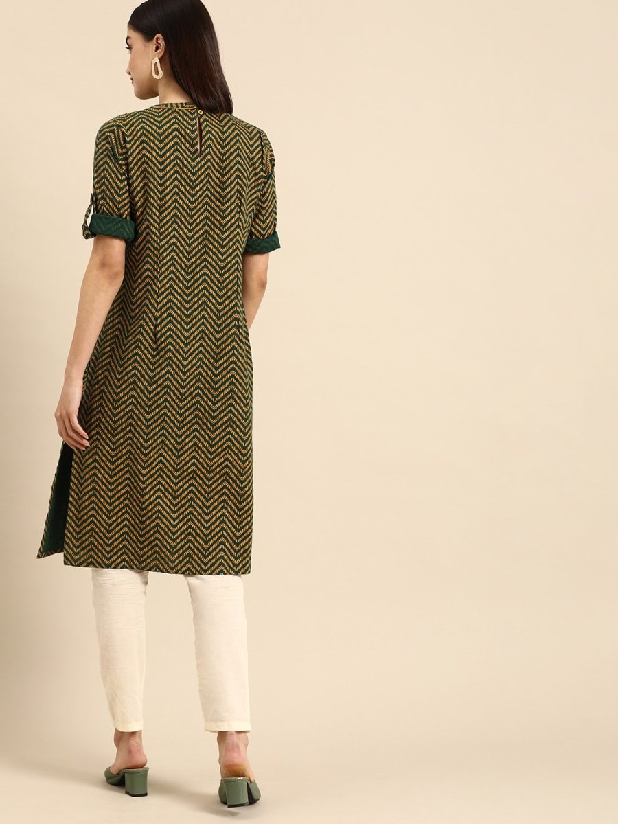 All About You Women Green & Yellow Floral Embroidered Thread Work Pure Cotton Kurta | Grocsy