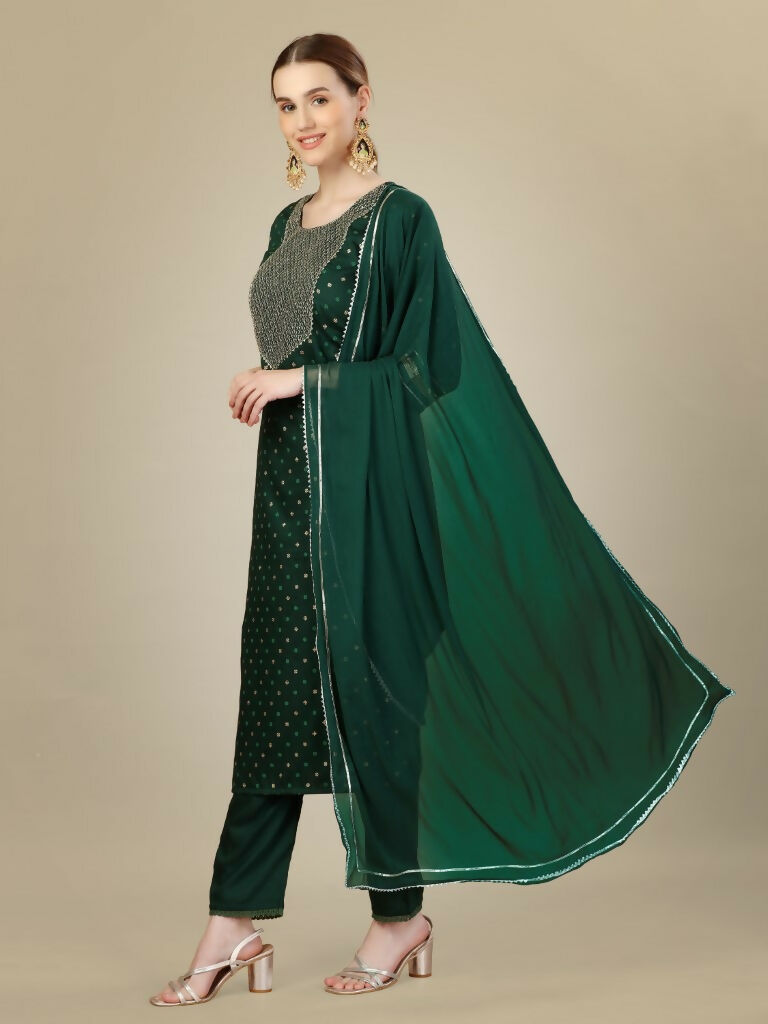 Jyoti Fashion Women's Dark Green Silk Blend Embroidery & Sequence work Kurta with Trouser & Dupatta | Grocsy