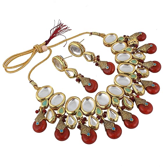 Tehzeeb Creations Back Meenakari Gold-Polished Tika Earring Jewellery Set Uncut Kundan Big Faux Kundan Dibbi Kundan Choker Necklace Set | Grocsy
