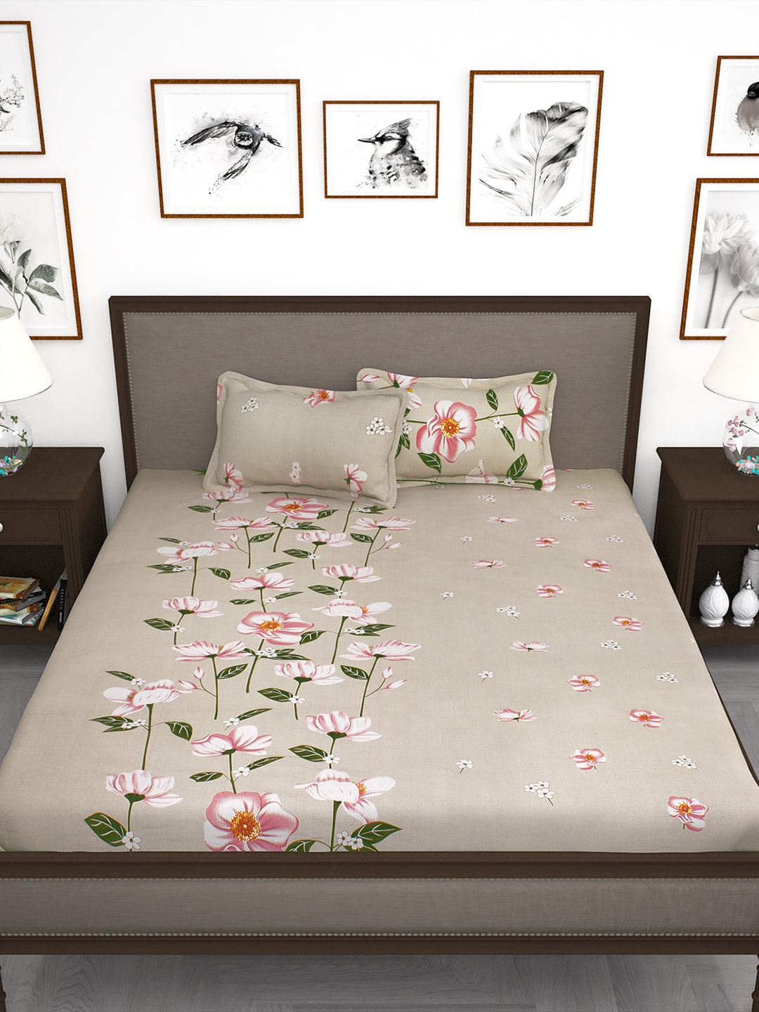 Story@home Beige & Red Floral Flat 240 TC 1 Double Bedsheet with 2 Pillow Covers | Grocsy
