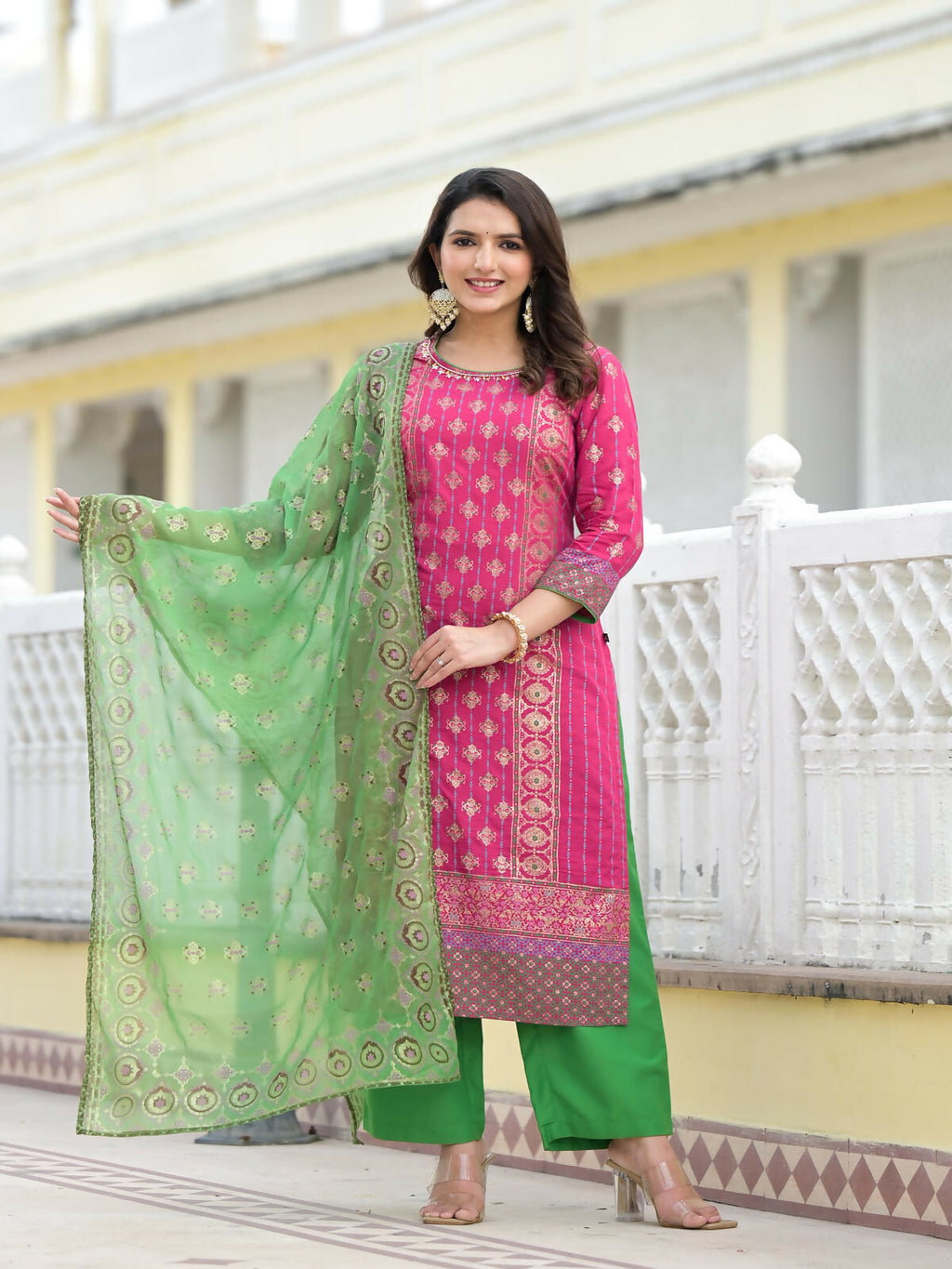Juniper Women's Fuchsia Ethnic Motif Printed Muslin Kurta Pant With Dupatta Set With Beads & Sequins | Grocsy