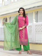 Juniper Women's Fuchsia Ethnic Motif Printed Muslin Kurta Pant With Dupatta Set With Beads & Sequins | Grocsy