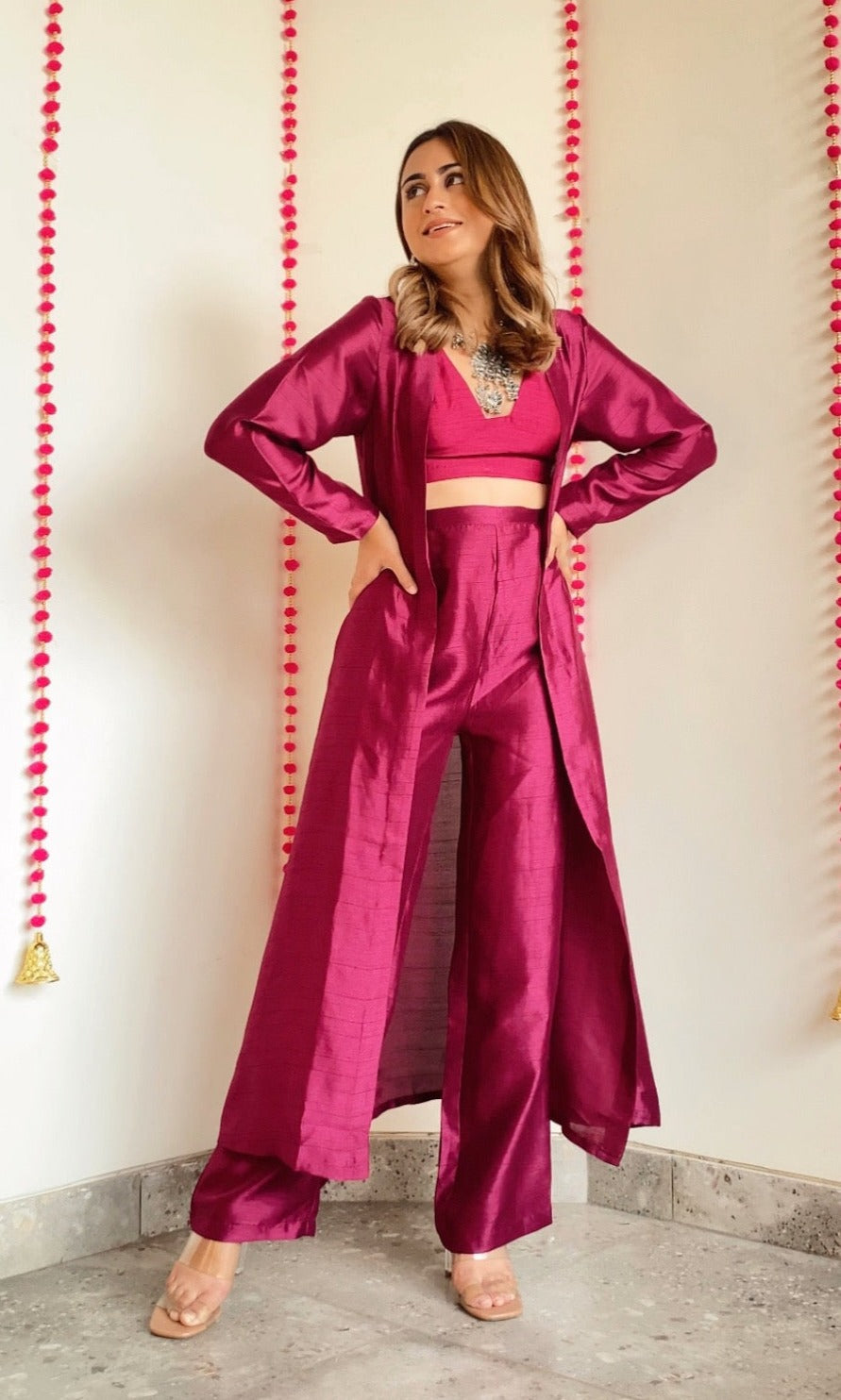 trueBrowns Purple Textured Silk Overlay Jacket Blouse Pant Set | Relove | Grocsy