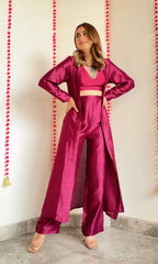 trueBrowns Purple Textured Silk Overlay Jacket Blouse Pant Set | Grocsy