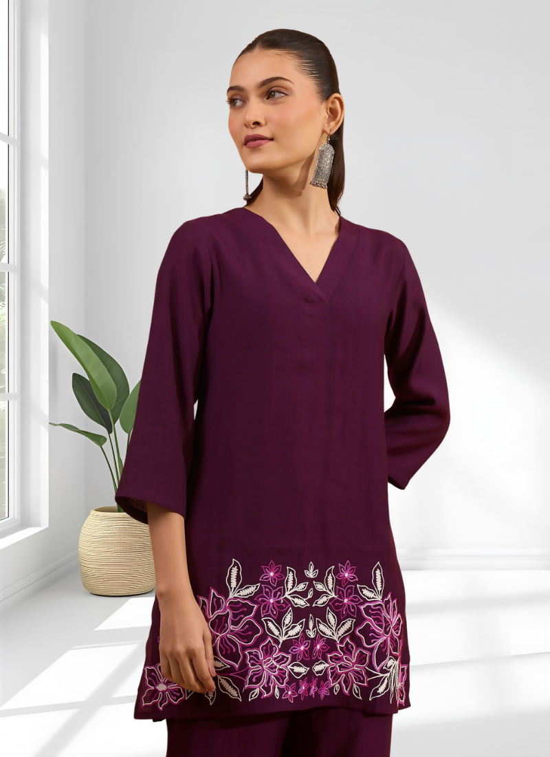 Joban Fashion Wine Silk Embroidered Readymade Cord Set | Grocsy