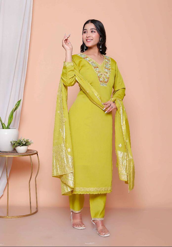 Miravan Womens Muslin Yellow Kurta And Palazzo With Dupatta Set | Grocsy