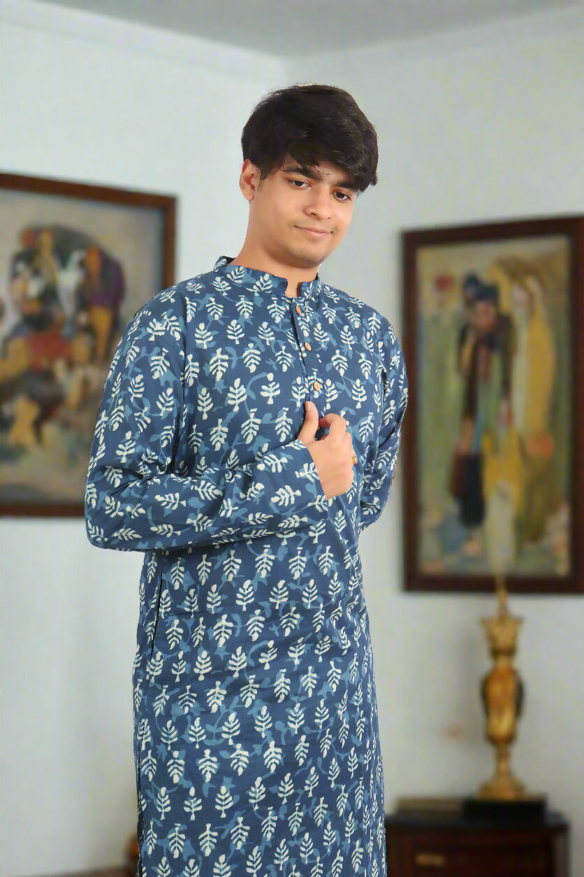 Souchii Men's Ethnic Printed Pure Cotton Kurta – Indigo Leaf Motif | Grocsy