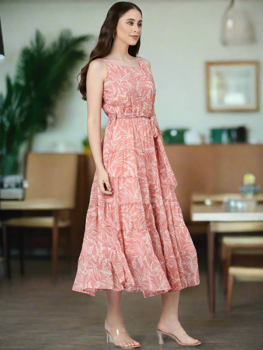 Souchii Peach Floral Fit & Flare Maxi | Grocsy
