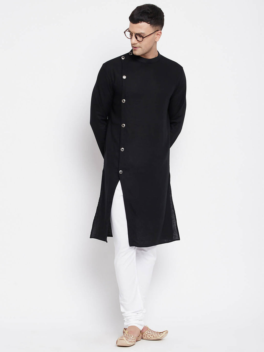 Even Apparels Black Pure Cotton Men's Sherwani Kurta With Asymetrical Cut | Grocsy