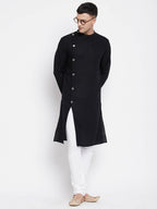 Even Apparels Black Pure Cotton Men's Sherwani Kurta With Asymetrical Cut | Grocsy