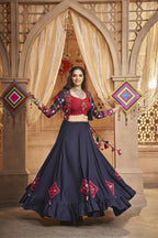 Navy Blue Viscose Rayon Thread Embroidered Work With Mirror All Over Navratri Lehenga Choli With Dupatta - Raas | Grocsy