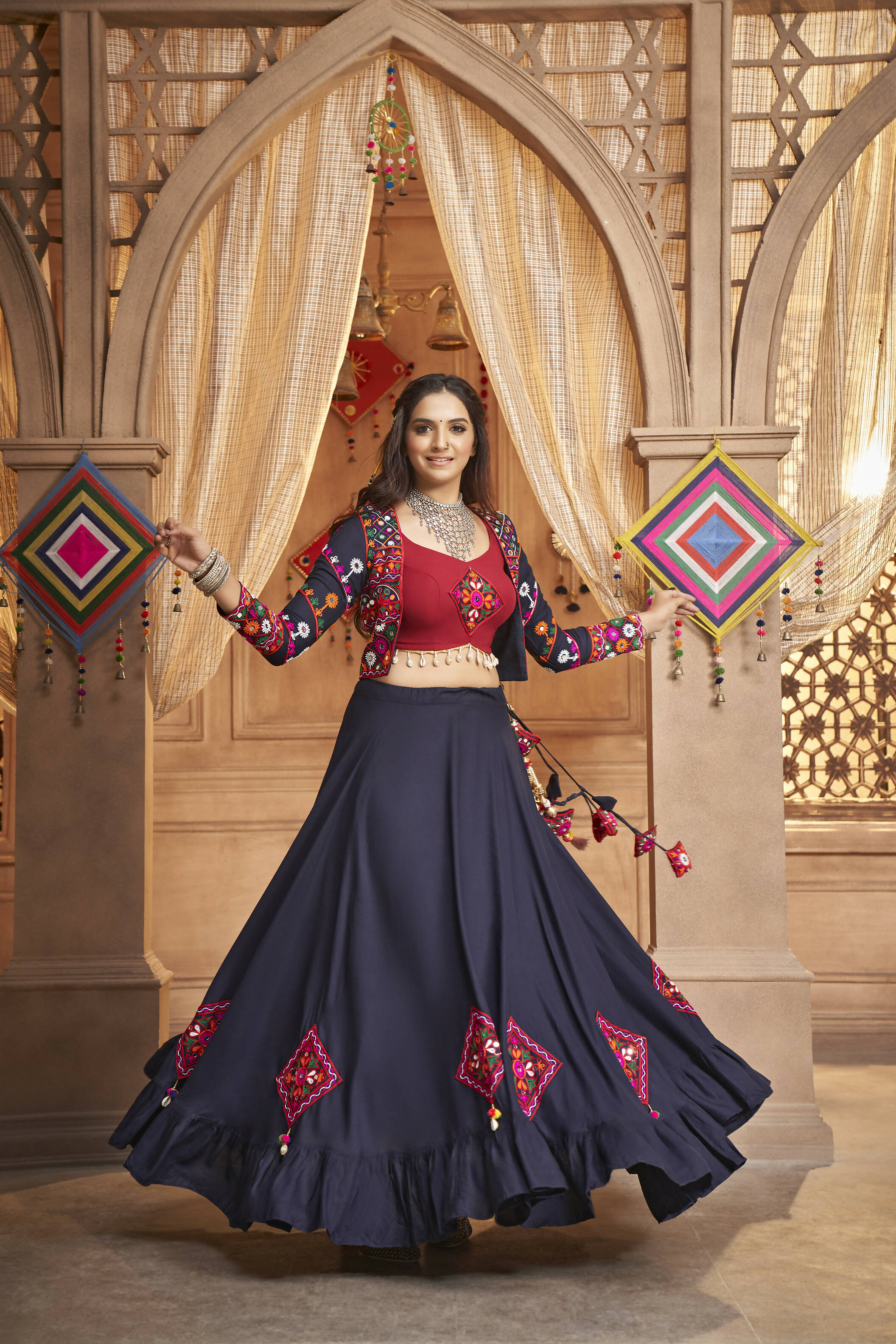 Navy Blue Viscose Rayon Thread Embroidered Work With Mirror All Over Navratri Lehenga Choli With Dupatta - Raas | Grocsy