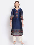 Myshka Women's Navy Blue Printed Chanderi Silk 3/4 Sleeve Round Neck Casual Kurta | Grocsy