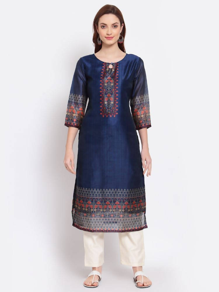 Myshka Women's Navy Blue Printed Chanderi Silk 3/4 Sleeve Round Neck Casual Kurta | Grocsy
