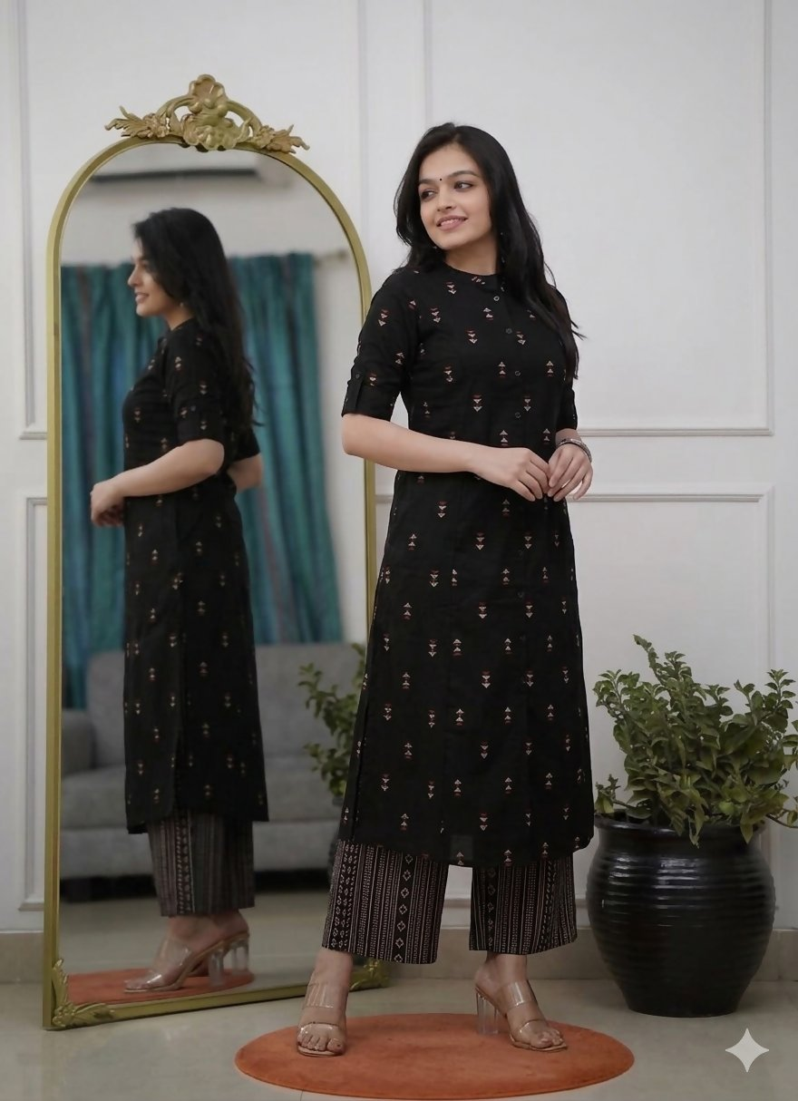 Teeya Creation Classic Black Cotton Kurta Set With Subtle Embroidery And Printed Palazzos | Grocsy