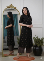 Teeya Creation Classic Black Cotton Kurta Set With Subtle Embroidery And Printed Palazzos | Grocsy