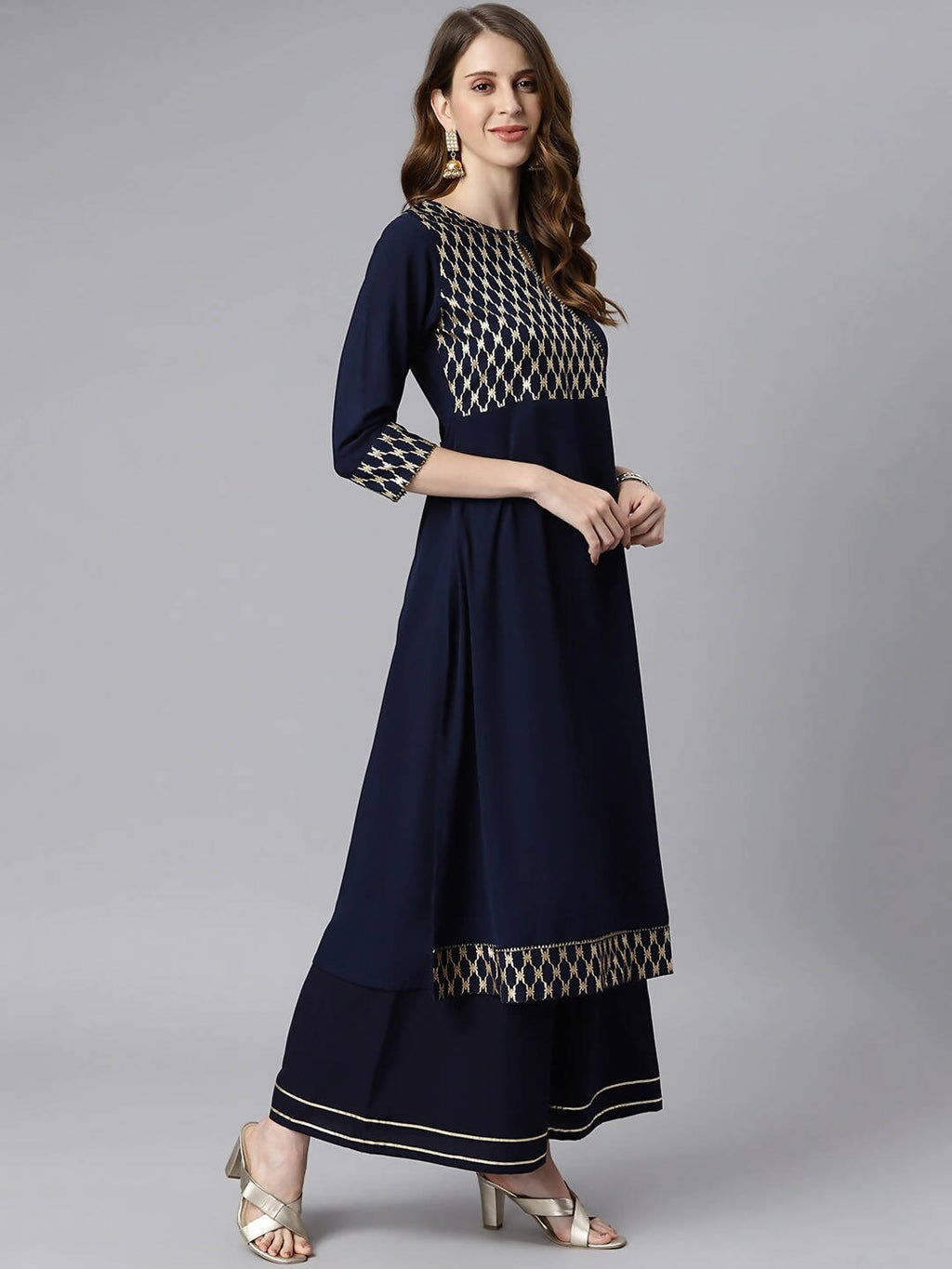 Janasya Women Navy Blue & Gold-Toned Printed Yoke Design Keyhole Neck Crepe Anarkali Kurta | Grocsy