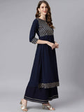 Janasya Women Navy Blue & Gold-Toned Printed Yoke Design Keyhole Neck Crepe Anarkali Kurta | Grocsy