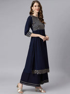 Janasya Women Navy Blue & Gold-Toned Printed Yoke Design Keyhole Neck Crepe Anarkali Kurta | Grocsy