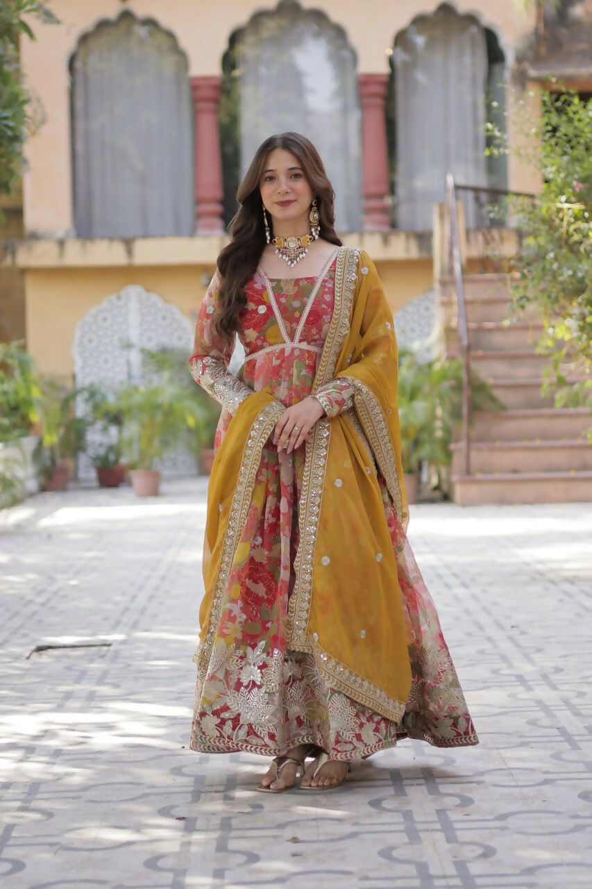 Vastranavya Multicolor Russian Silk Foil Embroidery with Zari Sequins & Digital Printed Gown Dupatta | Grocsy