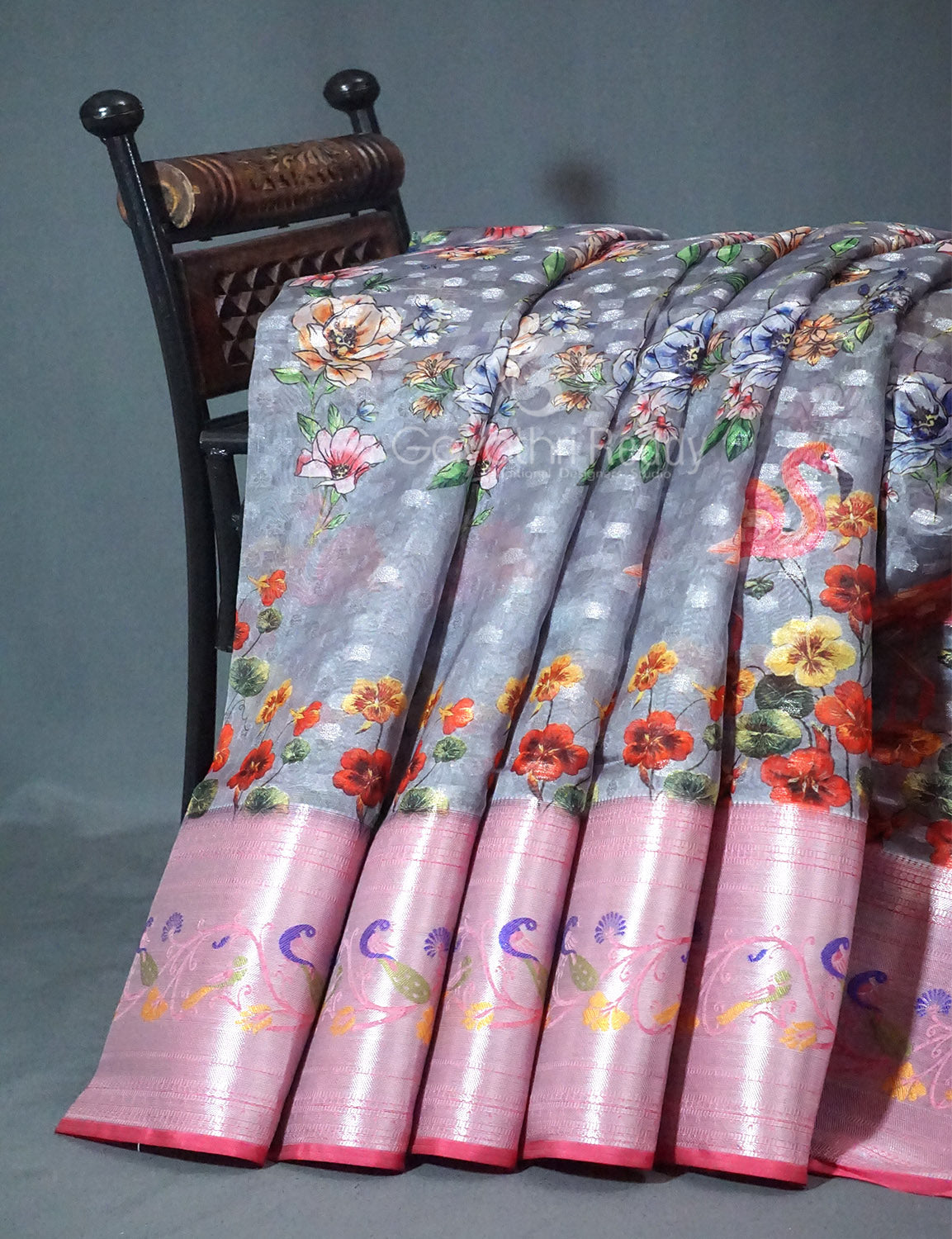 Shades of Grey Colour Floral Design Banaras Semi Silk Saree By Gayathri Reddy Designer Studio | Grocsy