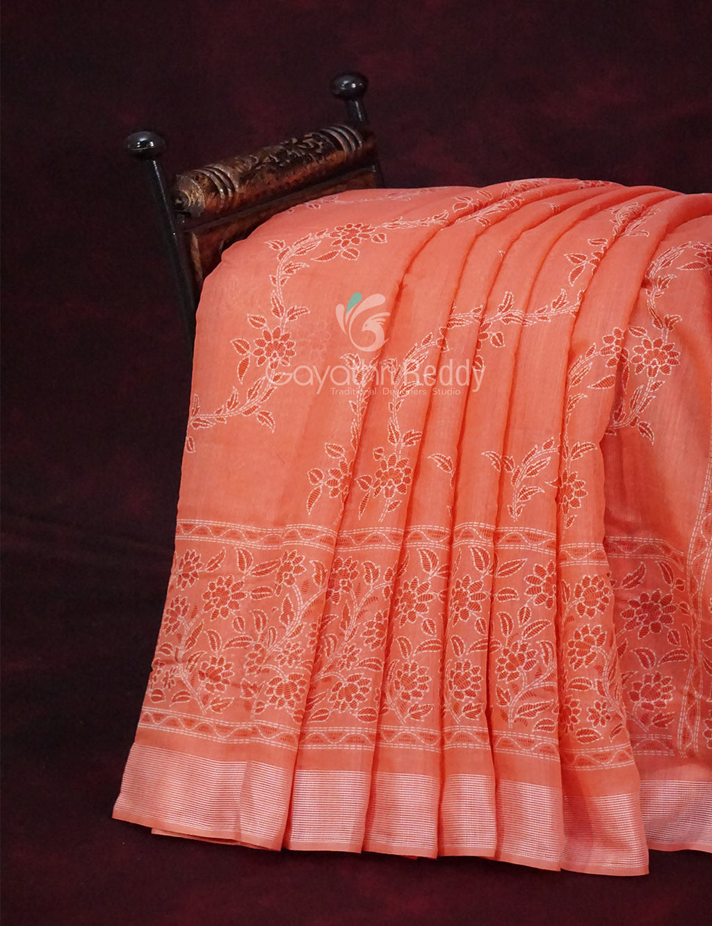 Mix of Peach and Orange Block Printed Semi Chanderi Saree By Gayathri Reddy Designer Studio | Grocsy