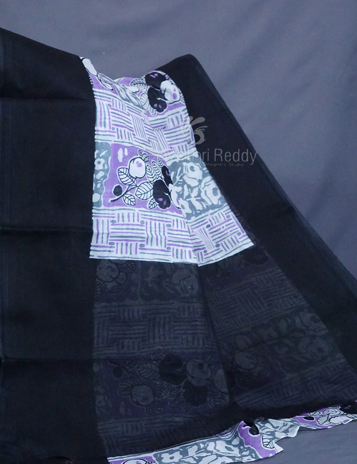 Shades of Lavender And Black Colour Floral Print Pure Mulmul Cotton Saree By Gayathri Reddy Designer Studio | Grocsy