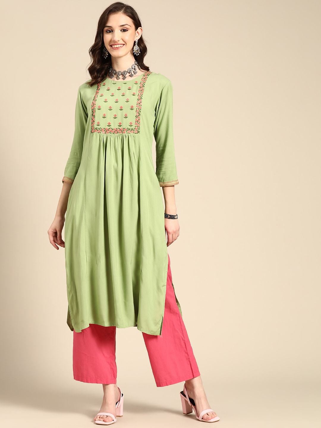 Sangria Women Green & Pink Floral Embroidered Thread Work Pastels Kurta | Grocsy