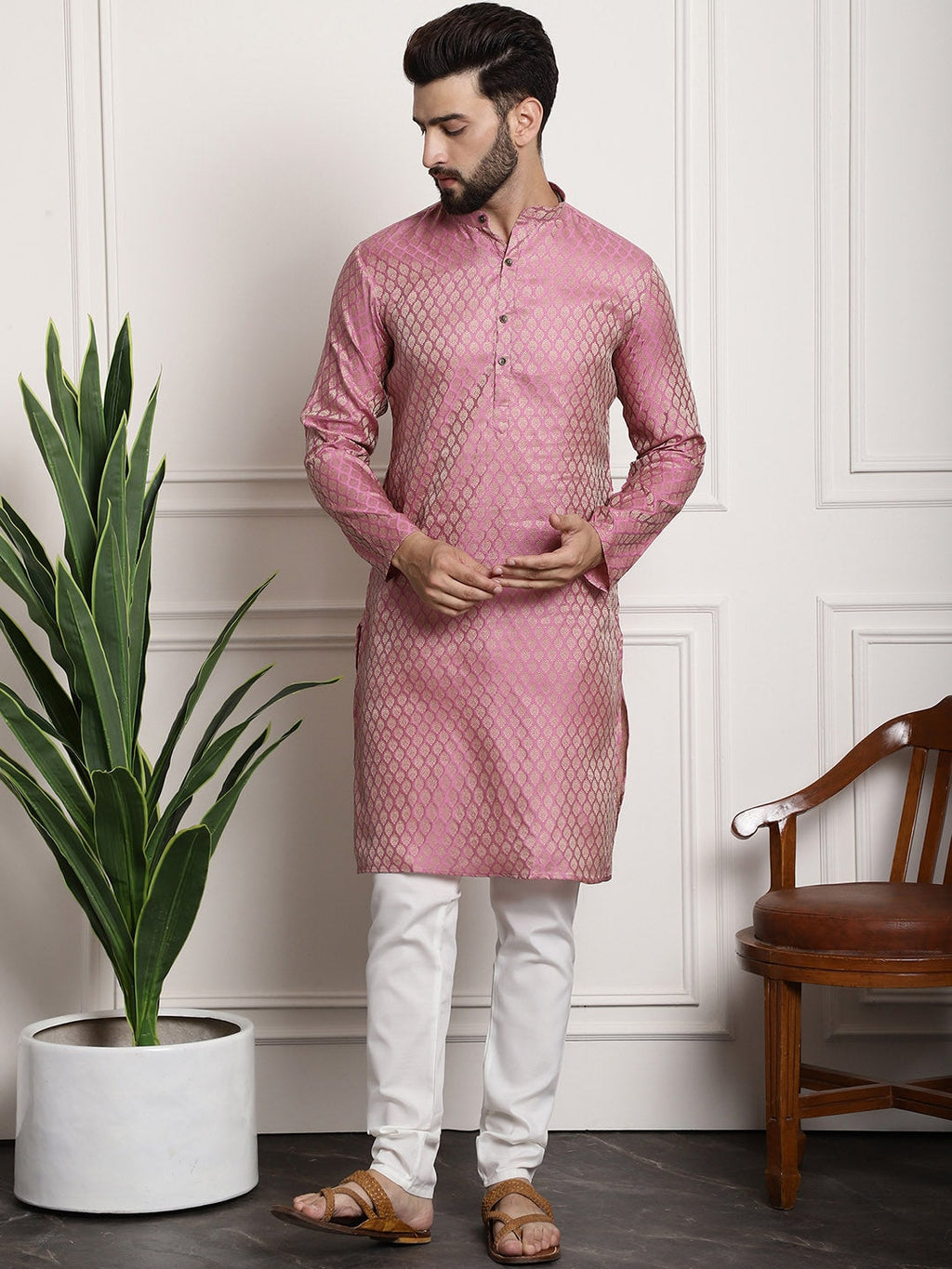 Sojanya Men Pink Ethnic Motifs Kurta with Pyjamas & Nehru Jacket | Grocsy