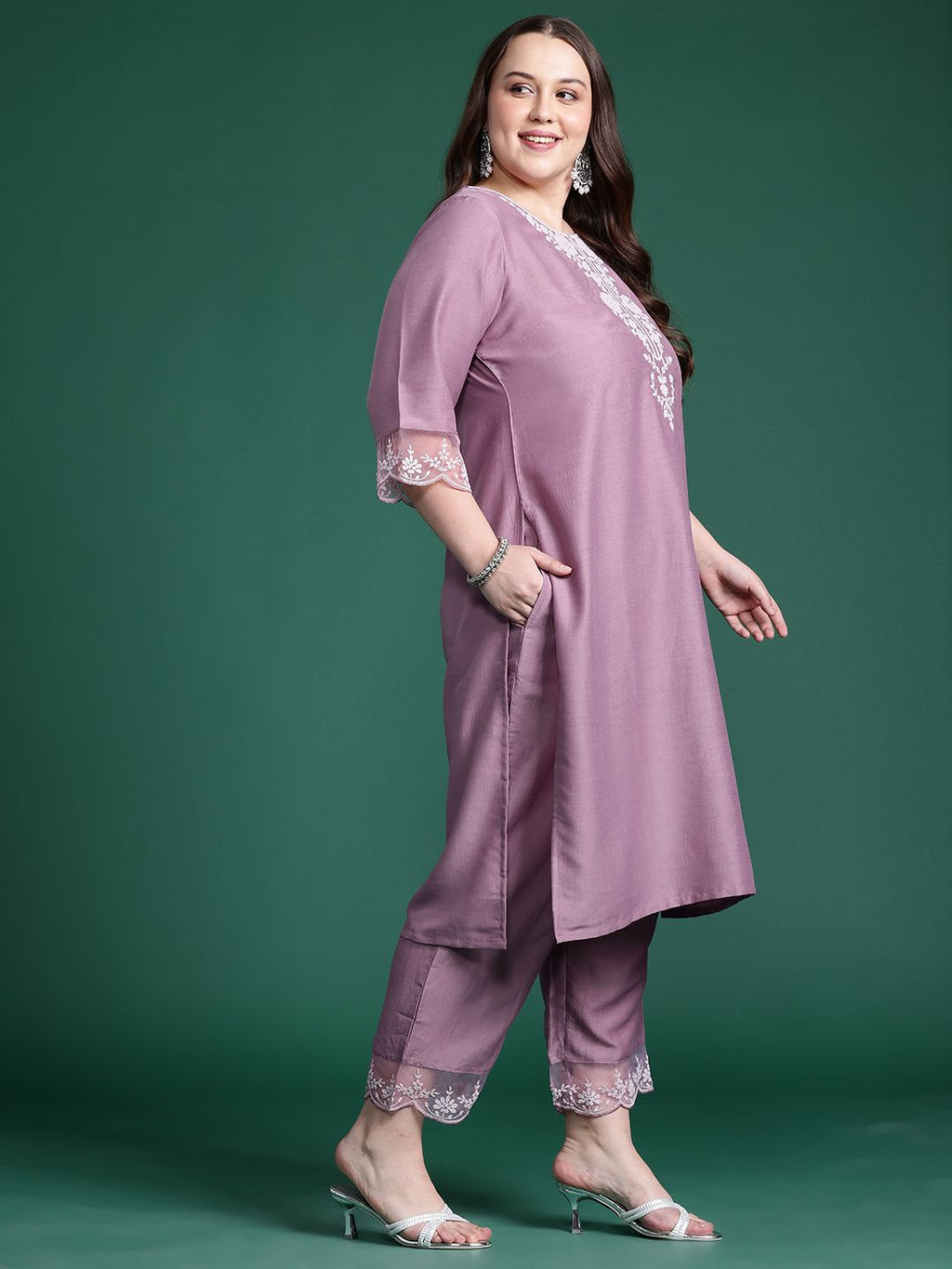 Indo Era Plus Size Floral Embroidered Thread Work Kurta With Trousers & Dupatta | Grocsy