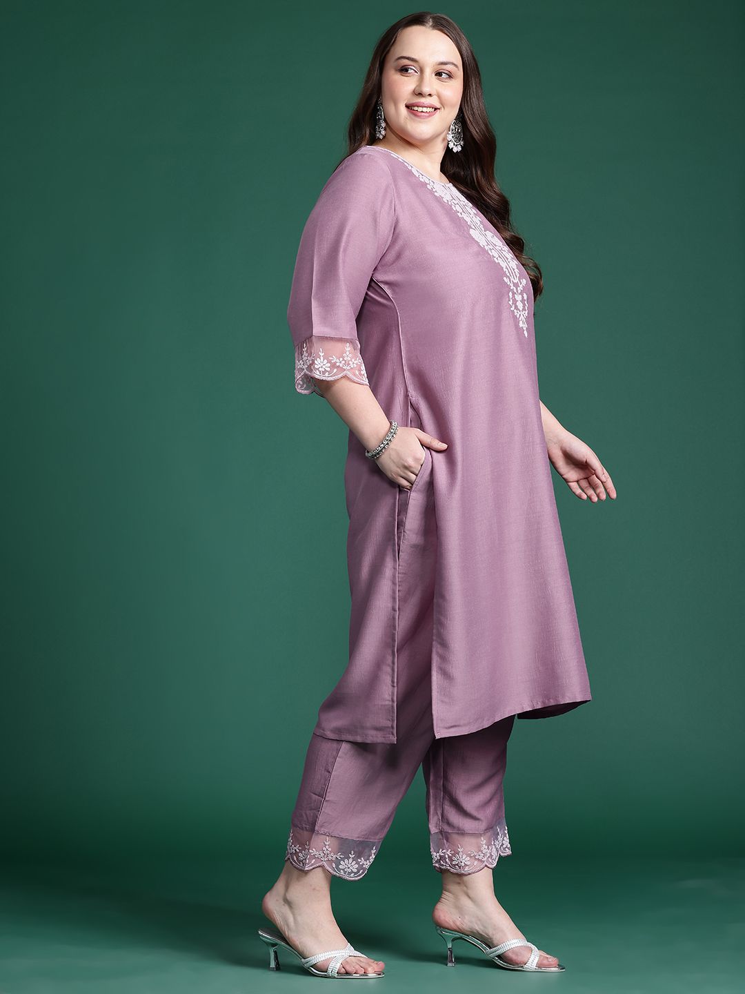 Indo Era Plus Size Floral Embroidered Thread Work Kurta With Trousers & Dupatta | Grocsy
