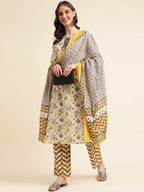 Sangria Beige Floral Printed Mirror Work Pure Cotton Kurta With Trousers & Dupatta | Grocsy