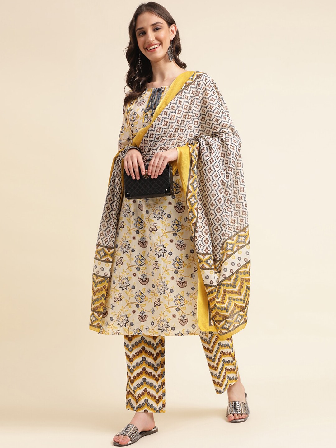 Sangria Beige Floral Printed Mirror Work Pure Cotton Kurta With Trousers & Dupatta | Grocsy