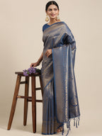 Saree Mall Navy Blue Ethnic Motifs Zari Silk Blend Banarasi Saree | Grocsy