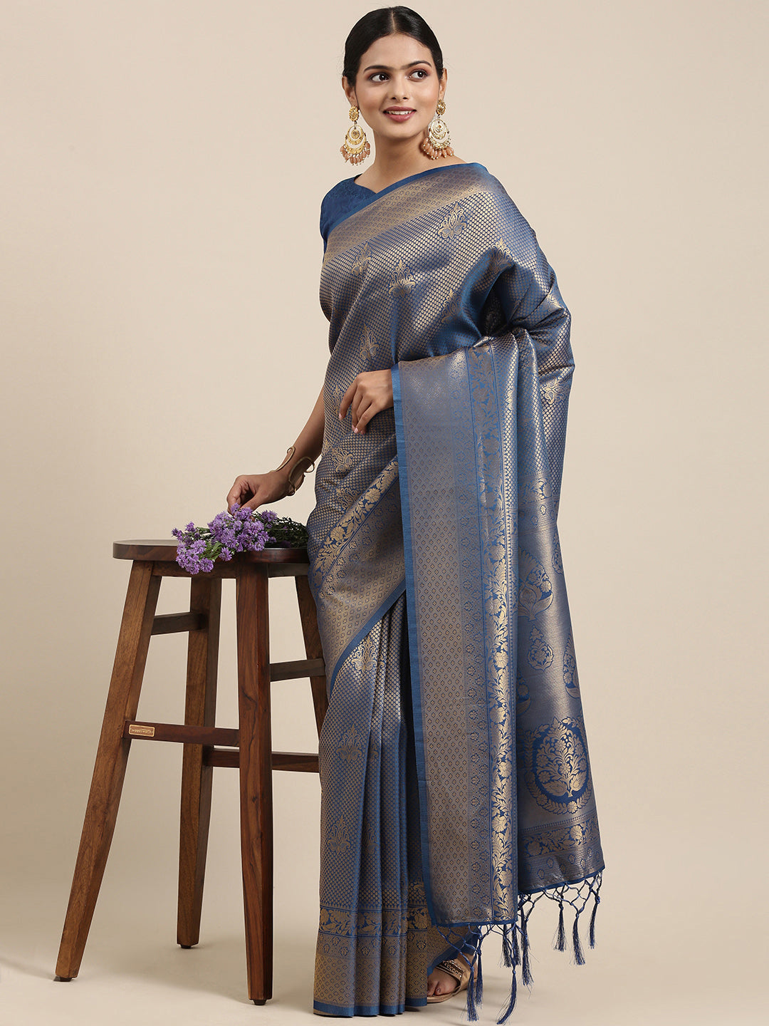 Saree Mall Navy Blue Ethnic Motifs Zari Silk Blend Banarasi Saree | Grocsy