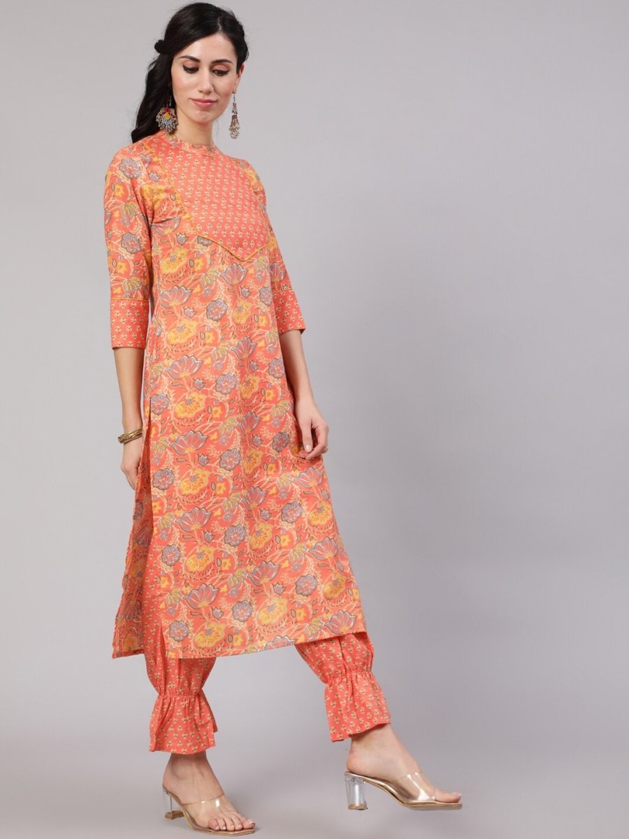 Aks Floral Printed Round Neck Pure Cotton Kurta with Trousers | Grocsy