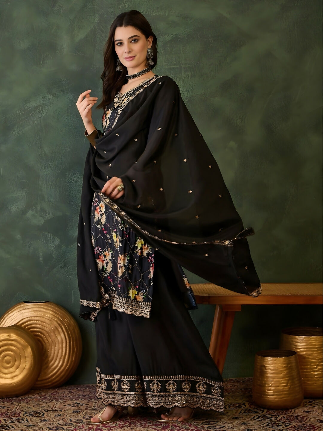 The52 Women's Gorgeous Embroidery Chinon Fabric Straight Kurta Palazzo and Dupatta Set-Black | Grocsy