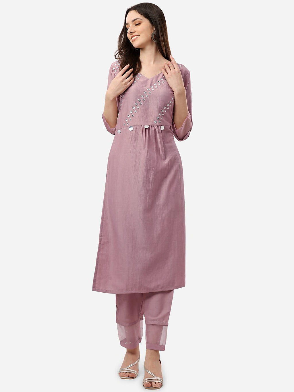 HERE&NOW Women Mauve Embroidered Pleated Mirror Work Kurta with Trousers | Grocsy