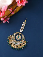 Yellow Chimes Gold-Polished White & Green Kundan-Studded & Beaded Maang Tikka | Grocsy