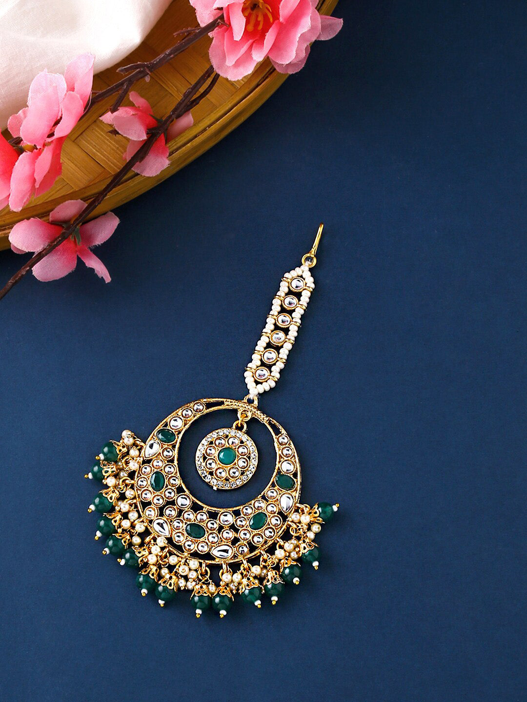 Yellow Chimes Gold-Polished White & Green Kundan-Studded & Beaded Maang Tikka | Grocsy