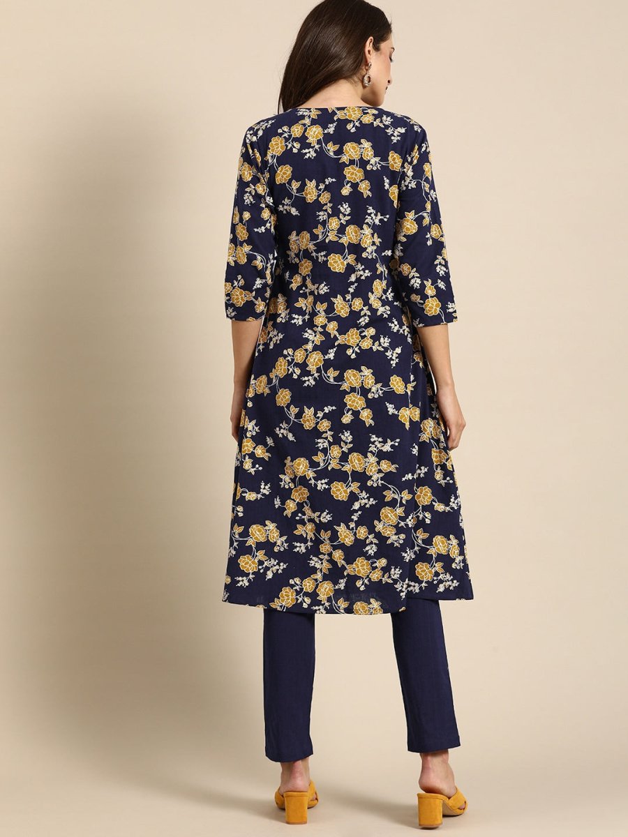 All About You Women Navy Blue Floral Printed Angrakha Pure Cotton Kurta with Trousers | Grocsy