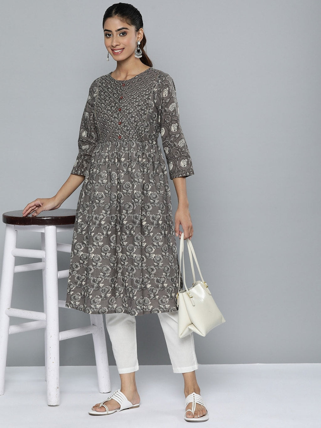 HERE&NOW Women Ethnic Motifs Printed Pure Cotton Kurta | Grocsy