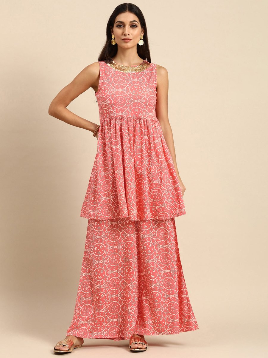 All About You Women Peach Pin & White Bandhani Print Pleated Sequinned Kurti with Palazzos | Grocsy