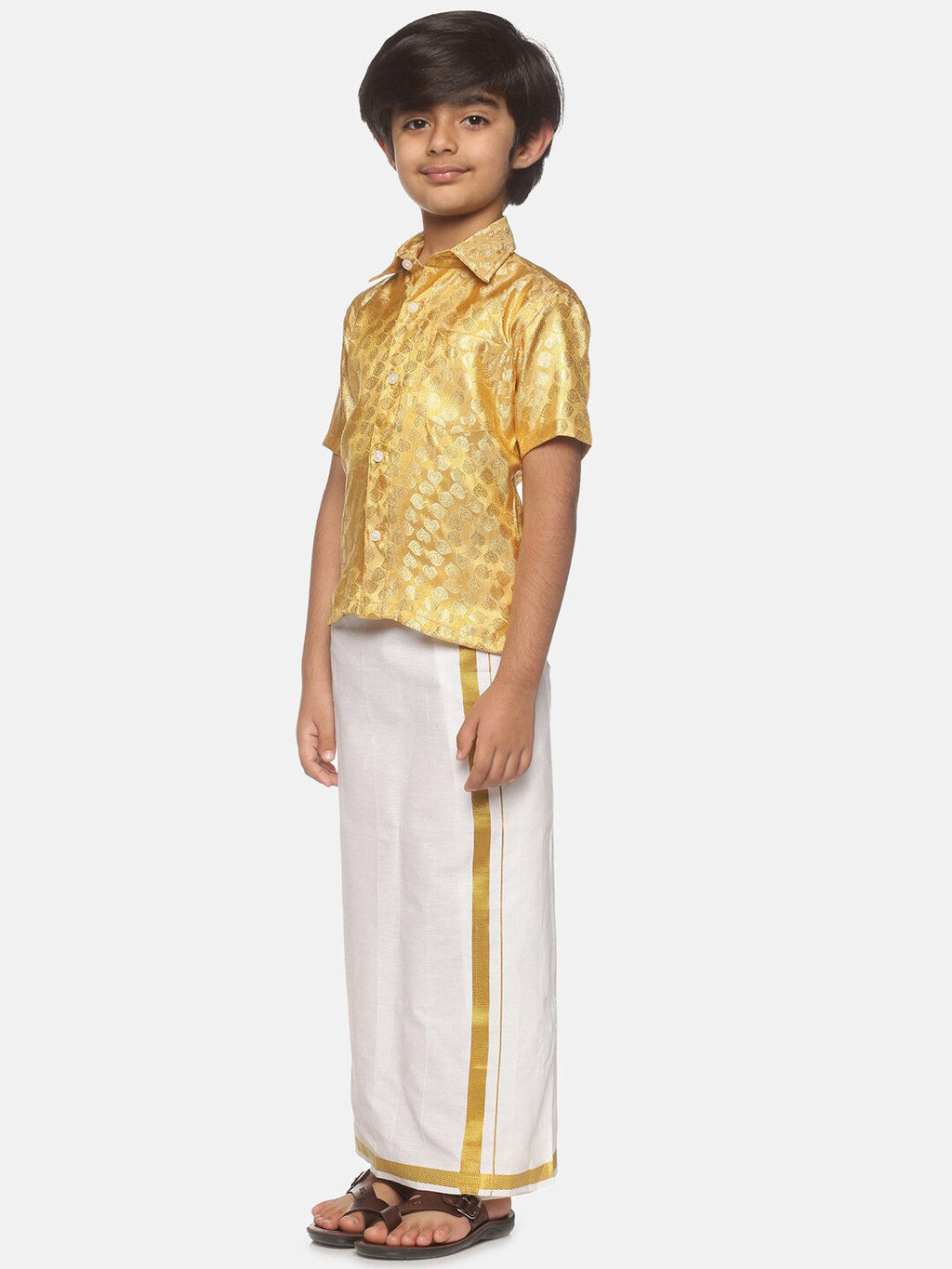 Sethukrishna Boys Gold-Toned & White Solid Shirt and Dhoti Set | Grocsy