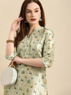 All About You Women Sea Green Floral Block Print Mandarin Collar Chanderi Silk Blend Kurta | Grocsy