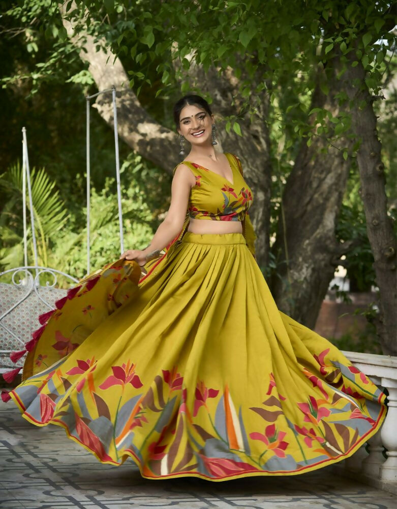 Vastranavya Polyester Viscose Chanderi Lehenga Choli With Intricate Print And Dupatta - Mustard | Grocsy