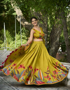 Vastranavya Polyester Viscose Chanderi Lehenga Choli With Intricate Print And Dupatta - Mustard | Grocsy